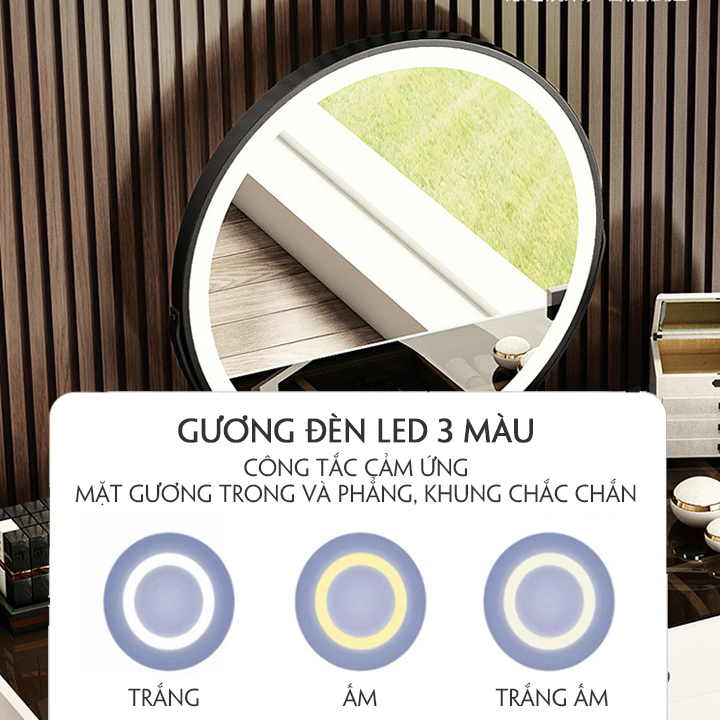 Bộ bàn ghế trang điểm kèm gương và ghế phong cách Châu Âu mặt kính cường lực đèn led cảm