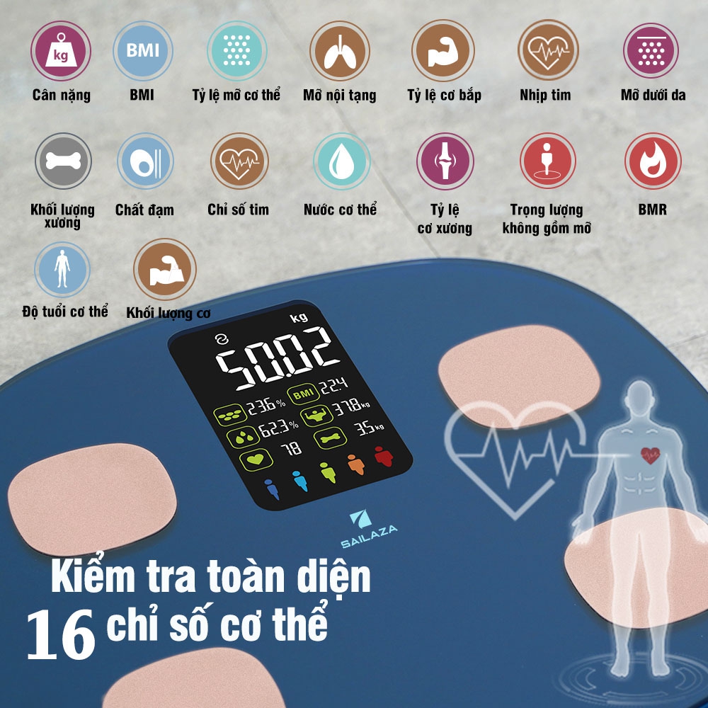 Cân Điện Tử Thông Minh cao cấp chính hãng Sailaza SA- 1211, đo 16 dữ liệu Sức Khỏe + màn hình màu LCD