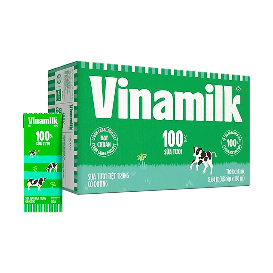 Thùng 48 Hộp Sữa Tươi Tiệt Trùng Vinamilk 100% Có Đường (180ml)