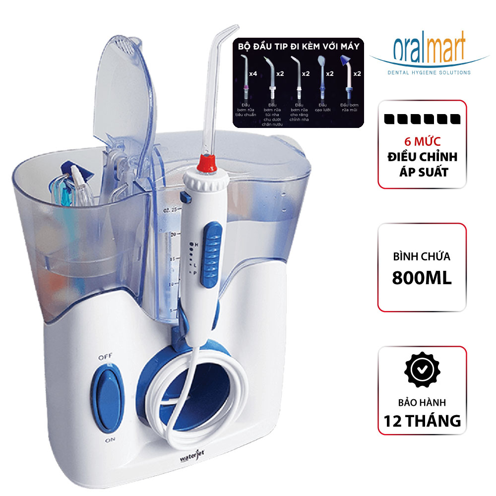 Máy tăm nước gia đình Waterjet Flosser Ultra (12 đầu tăm, dùng được cho người niềng răng, có đầu cạo lưỡi, đầu hút mũi)