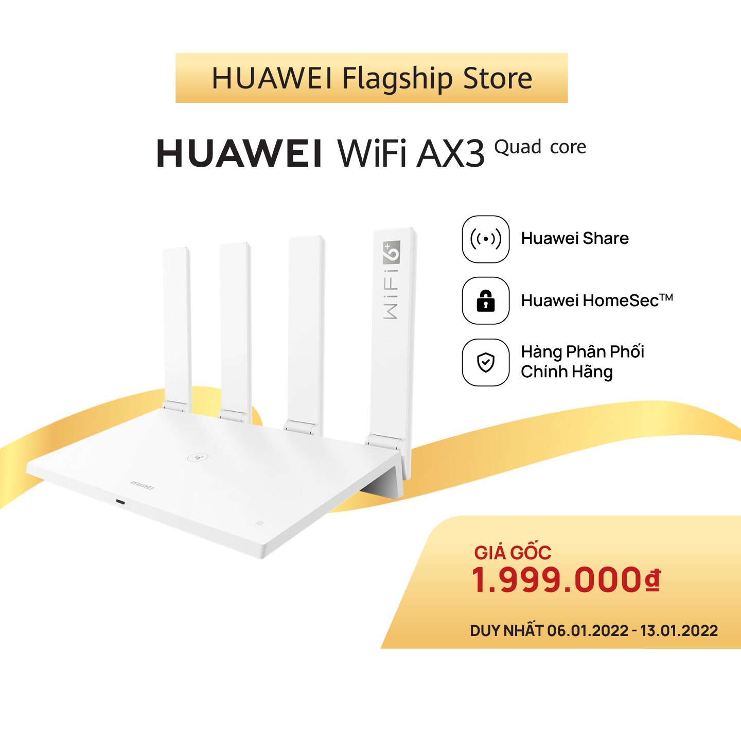 Bộ định tuyến HUAWEI WiFi AX3 Pro (CPU 4 nhân) | 3000 Mbps | Huawei Share | Huawei HomeSecTM | Hàng Phân Phối Chính Hãng