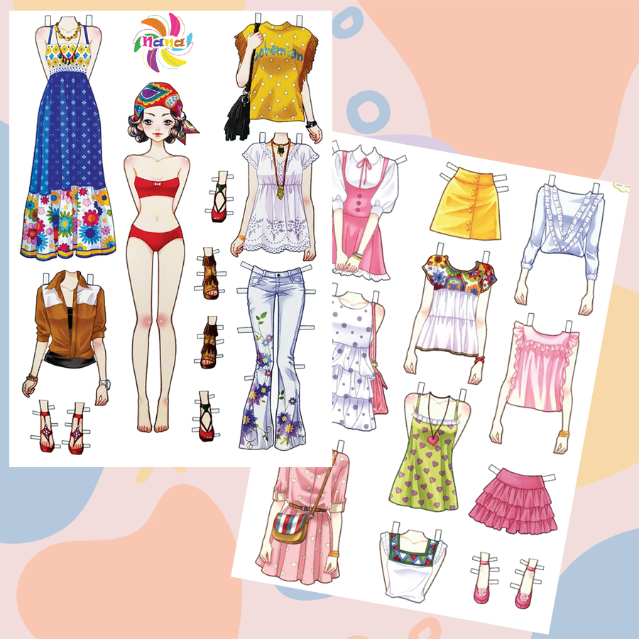 Búp bê giấy (paper doll) thay đồ thời trang đồ chơi cắt thủ công cho bé Combo 6 hình siêu đáng yêu BBG007