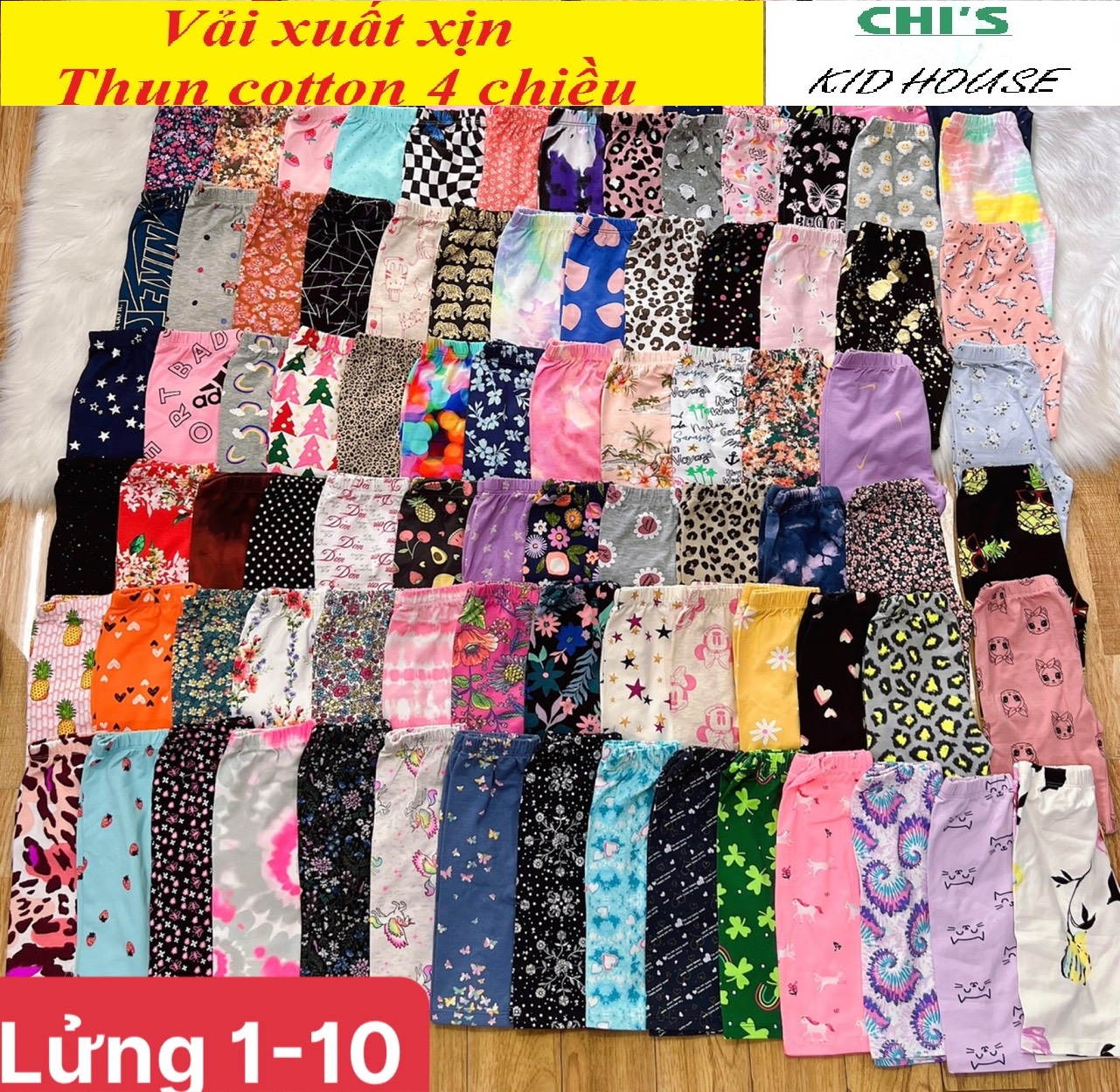 SET 5 LEGGING LỬNG/ QUẦN LỬNG QUA GỐI THUN COTTON 4 CHIỀU HOẠ TIẾT CHO BÉ GÁI HÀNG XUẤT DƯ ĐẸP 9-41KG