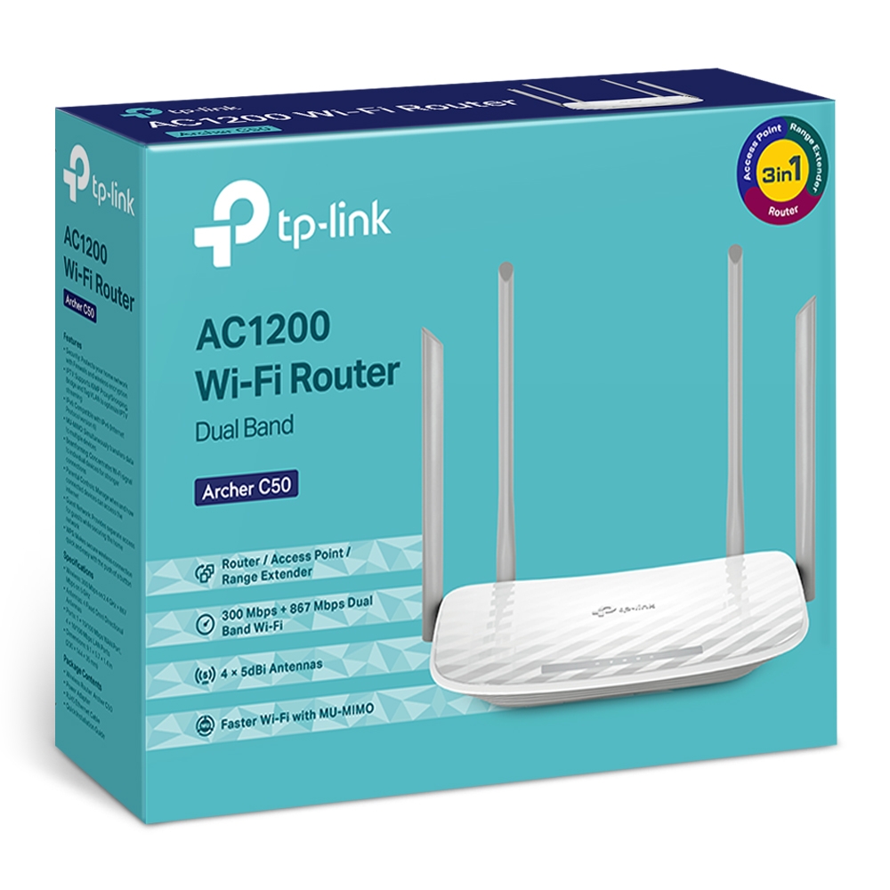 Bộ phát wifi TP-Link Archer C50 (Chuẩn AC/ AC1200Mbps/ 4 Ăng-ten ngoài/ 25 User) - Hàng chính hãng FPT phân phối