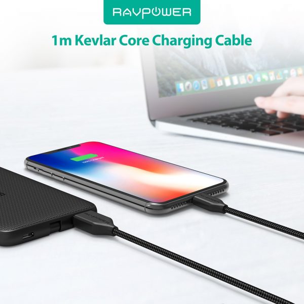 Dây cáp sạc điện thoại RAVPower RP-CB019 1m USB-A to Lightning Nylon Yarn Braided Lightning Cable, Màu Đen- Hàng Nhập Khẩu