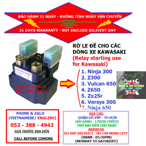 Relay đề kawasaki - Relay starting use for kawasaki. (Ninja/Z300,Zx25r, Vulcan/Z650/ Ninja 650 halogen, Versy300)