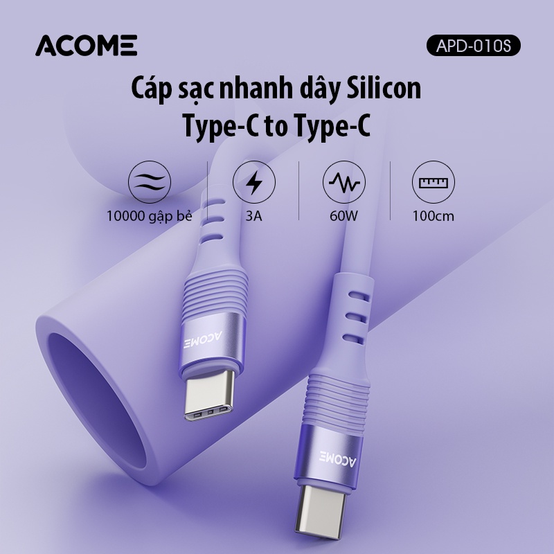 Cáp Sạc Nhanh ACOME APD010S Dây Sạc Type C To Type C Chất Liệu Silicon 1M - Hàng chính hãng