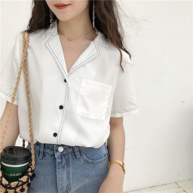 Áo Sơ Mi Nữ Form Rộng Cổ Vest YURITA Tay Ngắn Kiểu Công Sở, Phong Cách Hàn Quốc Viền Cổ Freesize