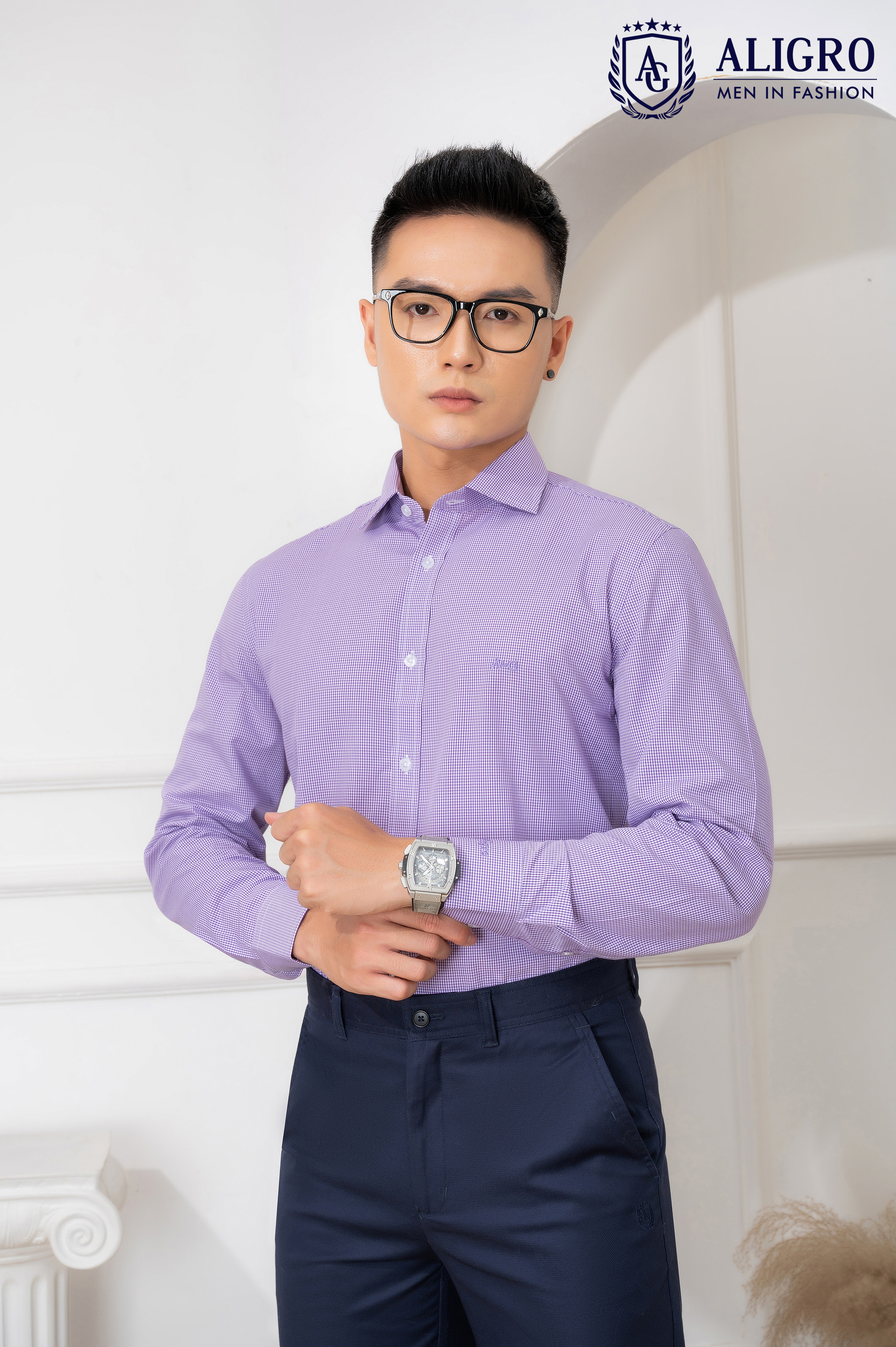 Áo sơ mi nam dài tay ALIGRO màu tím, 100% chất cotton thoáng mát, thấm hút mồ hôi tốt, cổ bẻ, dáng ôm body ALGS153