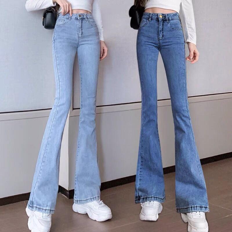 Quần bò jean nữ ống loe đứng rộng suông co giãn jeans cạp cao cao cấp Hottrend 2022