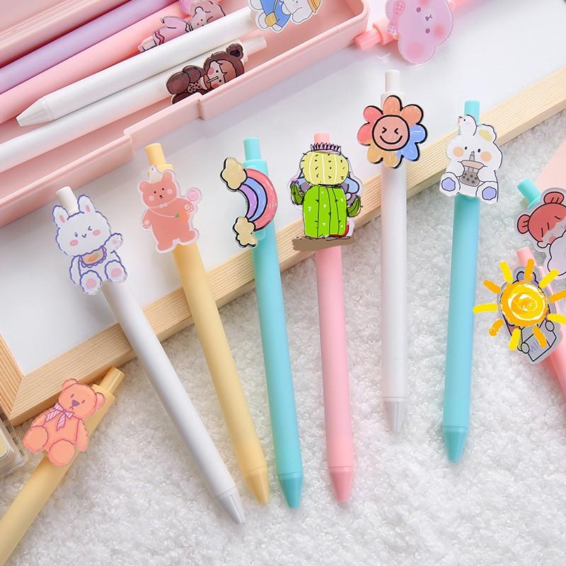 Bút Bi Bấm Nhiều Màu Maccaron Gắn Hình Chibi Dễ Thương 0.5mm Mực Đen