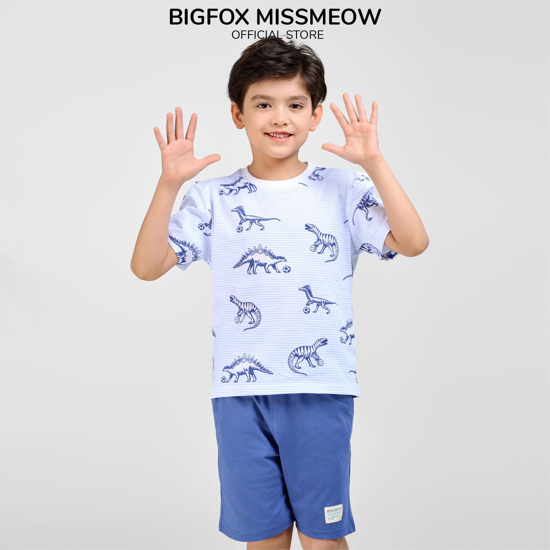 Bộ cộc tay cho bé trai Bigfox Miss Meow chất cotton size đại mùa hè in đẹp cỡ 3,7,9,11 tuổi 30kg 40kg