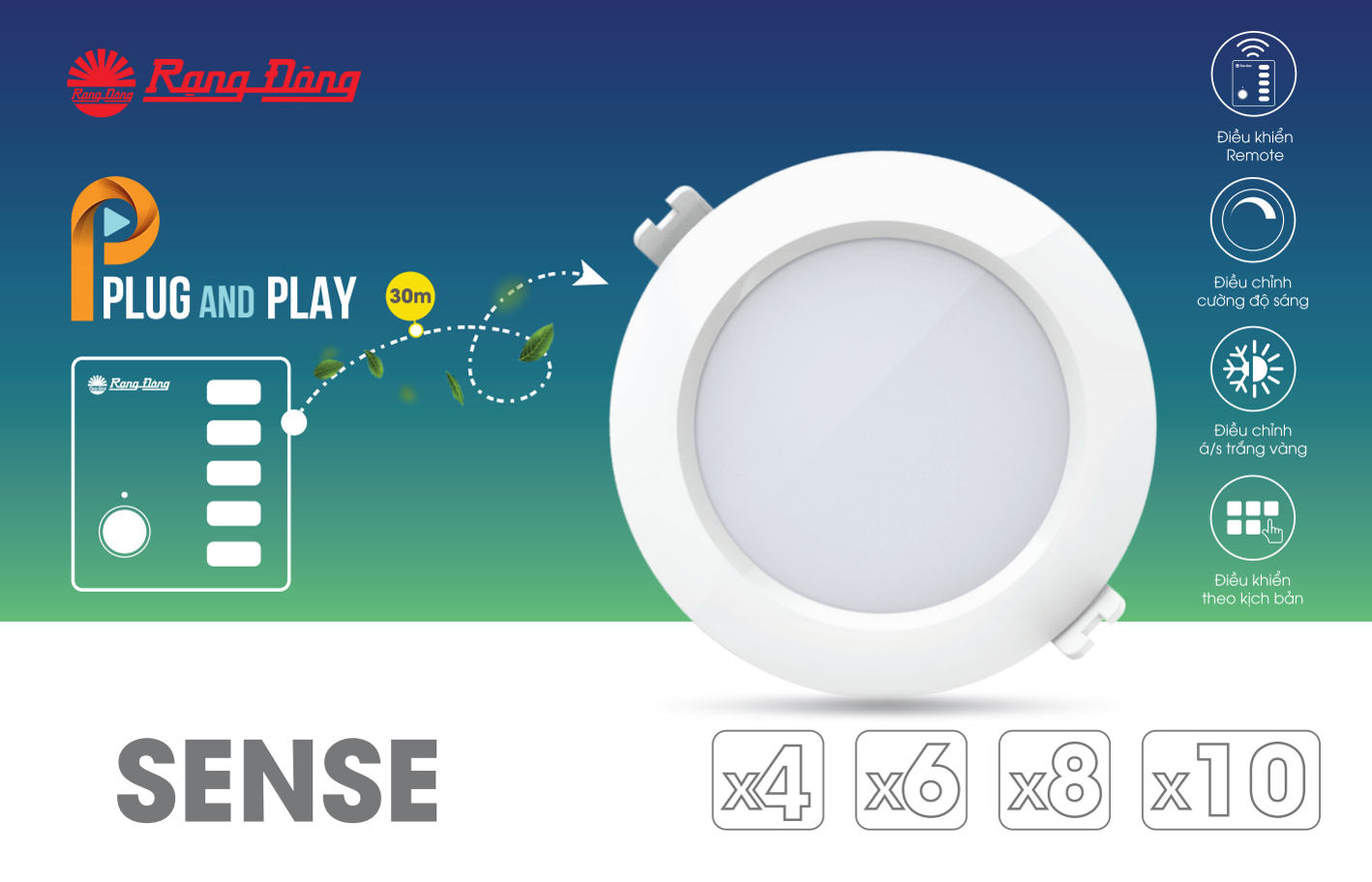 [Combo Smart Local 8] Combo chiếu sáng thông minh gồm 8 đèn Downlight AT16.RM 90/7W (hoặc AT16.RM 110/9W) và 1 bảng điều khiển không dây