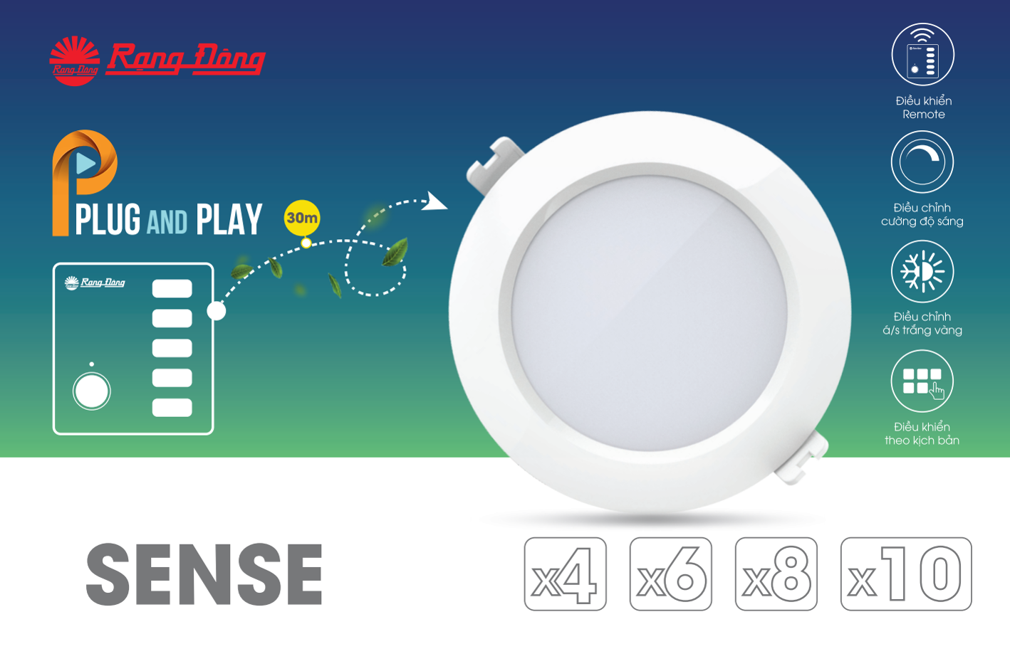 Combo chiếu sáng thông minh gồm 4 đèn Downlight AT16.RM 90/7W và 1 bảng điều khiển không dây