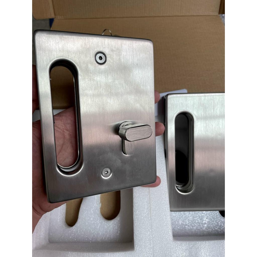 Khóa cửa kính 2 cánh tay nắm âm vuông HAMMERED - Khoá cửa kính cường lực INOX304 mờ