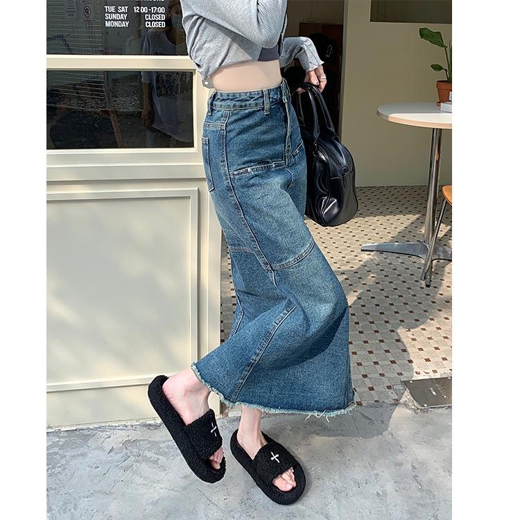 Chân váy bò dáng dài EMIX, denim, đuôi cá, dáng ôm, phối bèo dài, ulzzang Hàn Quốc 6857