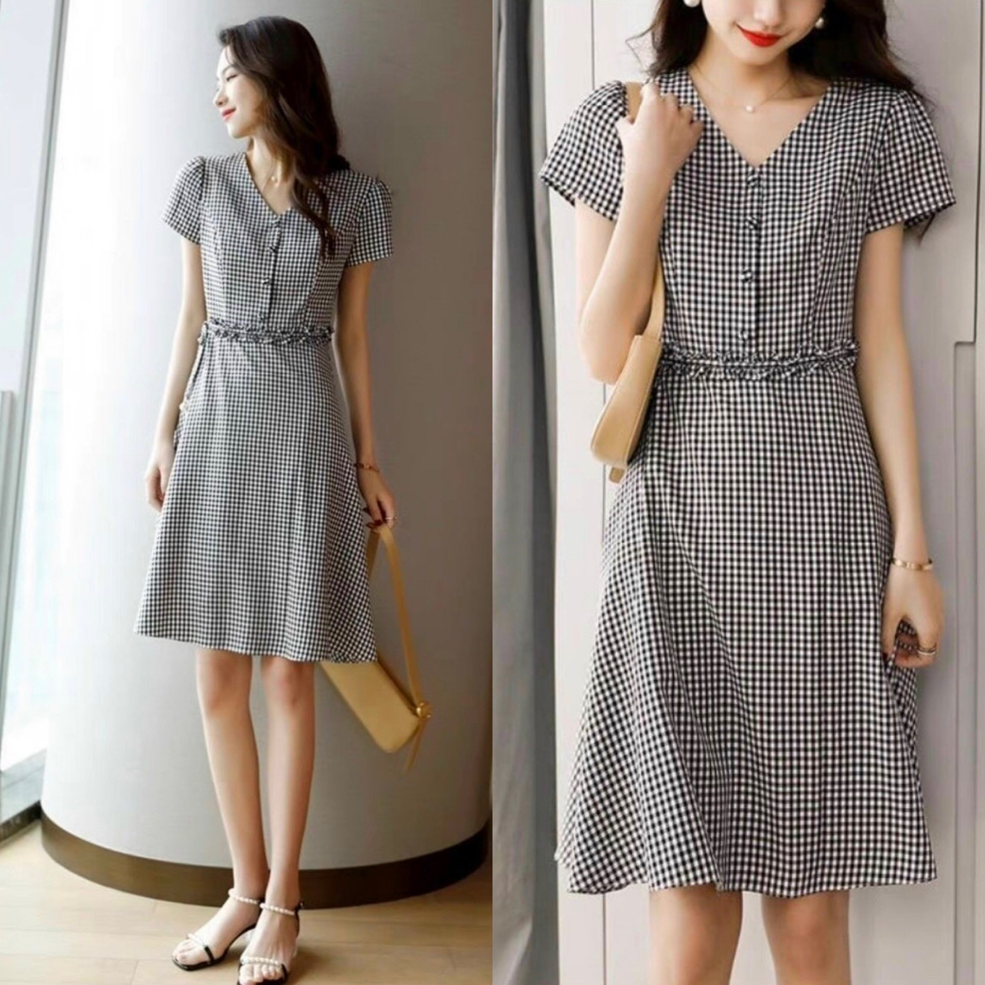 Đầm công sở caro xoè nhẹ eo phối bèo S.MLXL