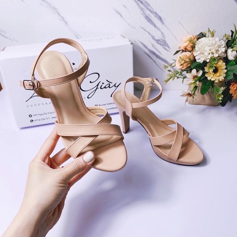 SD15 - Sandal quai chéo da lì đúp đế gót trụ mảnh 9p VNXK cực chắc chân phù hợp đi làm , dự tiệc