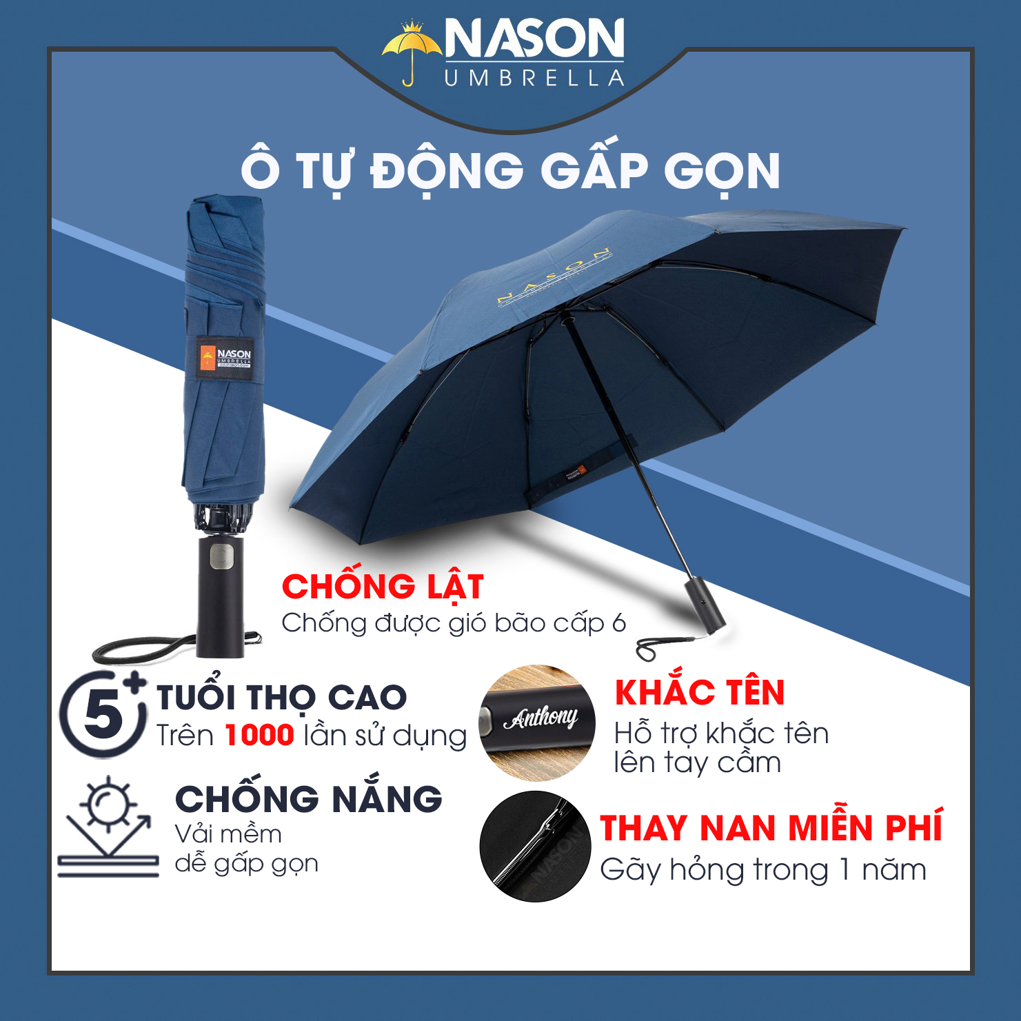 Ô tự động thông minh hai chiều Nason Umbrella phiên bản V3 chống gió cấp 6, ô gấp ngược, tối ưu hóa khả năng chắn nước
