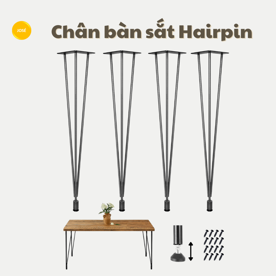 Bộ Chân Sắt Hairpin Tăng Chỉnh José / Bộ 4 Chân Bàn Sắt Sơn Tĩnh Điện 72cm Cao Cấp