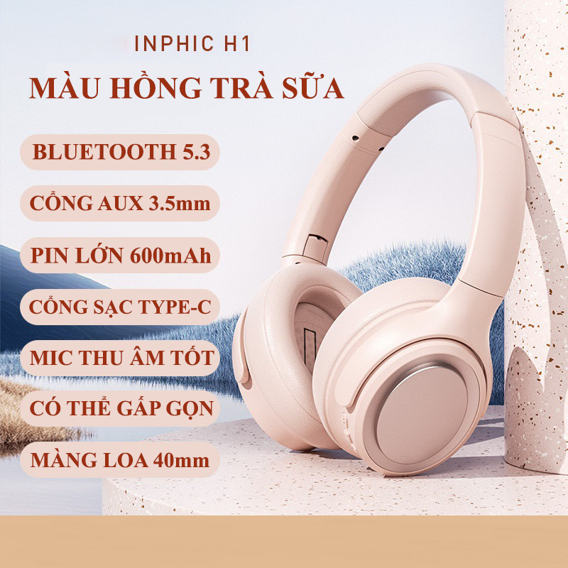 Tai nghe không dây INPHIC H1 kết nối Bluetooth 5.3 và cổng AUX 3.5mm dung lượng pin lớn 600mAh với âm thanh cực hay - Hàng Chính Hãng