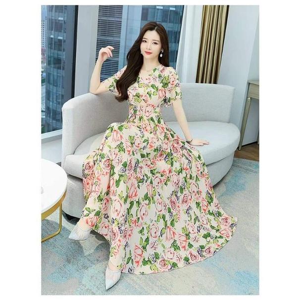 HÀNG NHẬP - ĐẦM MAXI VOAN HOA CỔ V