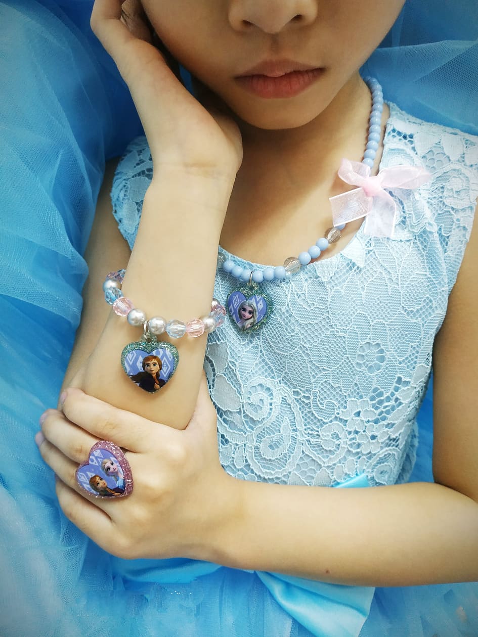 Set bộ trang sức cao cấp dây chuyền vòng cổ, vòng tay, nhẫn đeo tay hóa trang công chúa Frozen Nữ hoàng băng giá Elsa cho bé gái