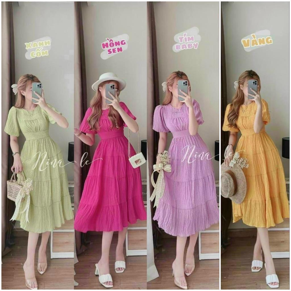 Đầm xoè tiểu thư cổ tròn nhún tầng siêu xinh