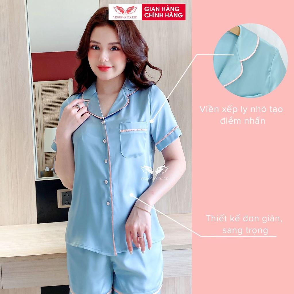 Đồ bộ nữ mặc nhà Pijama lụa Pháp trơn VINGO tay ngắn quần đùi phối viền xếp ly dáng suông thoải mái mặc mùa Hè H727 VNGO