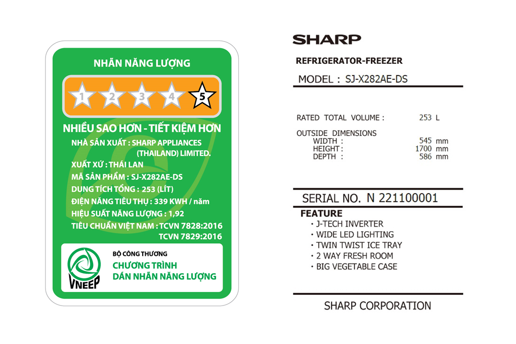 Tủ lạnh Sharp Inverter 253 lít SJ-X282AE-DS - Hàng Chính Hãng (Chỉ giao HCM)