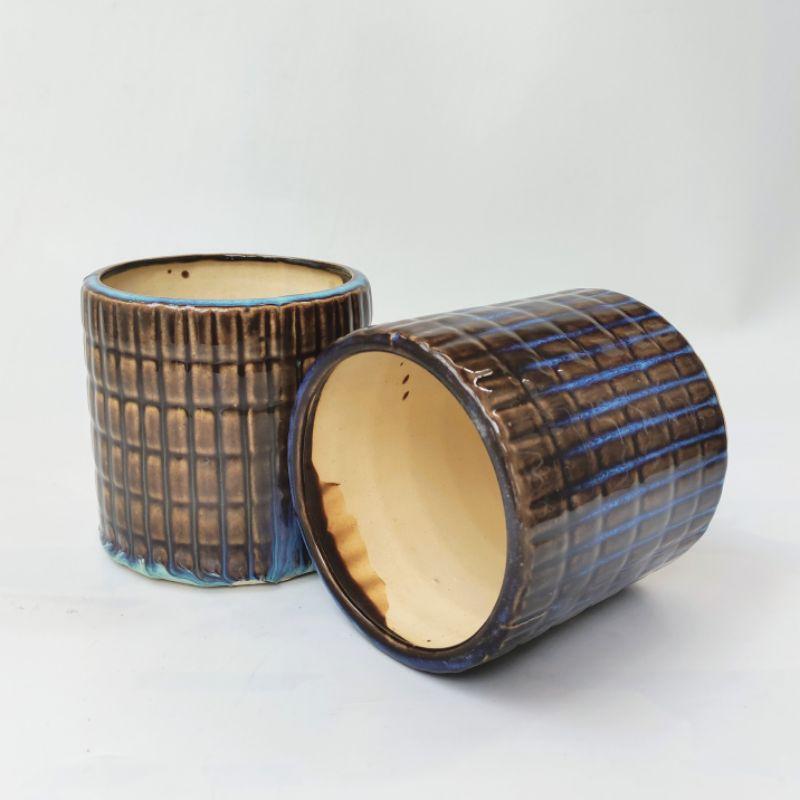 Chậu sứ trồng cây Trụ kẻ, men hỏa biến, chậu gốm sứ Bát Tràng cao cấp phù hợp trồng cây văn phòng, cây nội thất để bàn