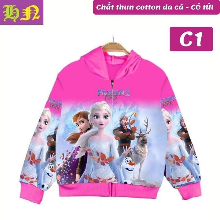 Áo khoác bé gái hình Elsa và Anna xinh xắn từ 9-40kg - Thun da cá hút mồ hôi- Hình in 3D sắc sảo-Hương Nhiên