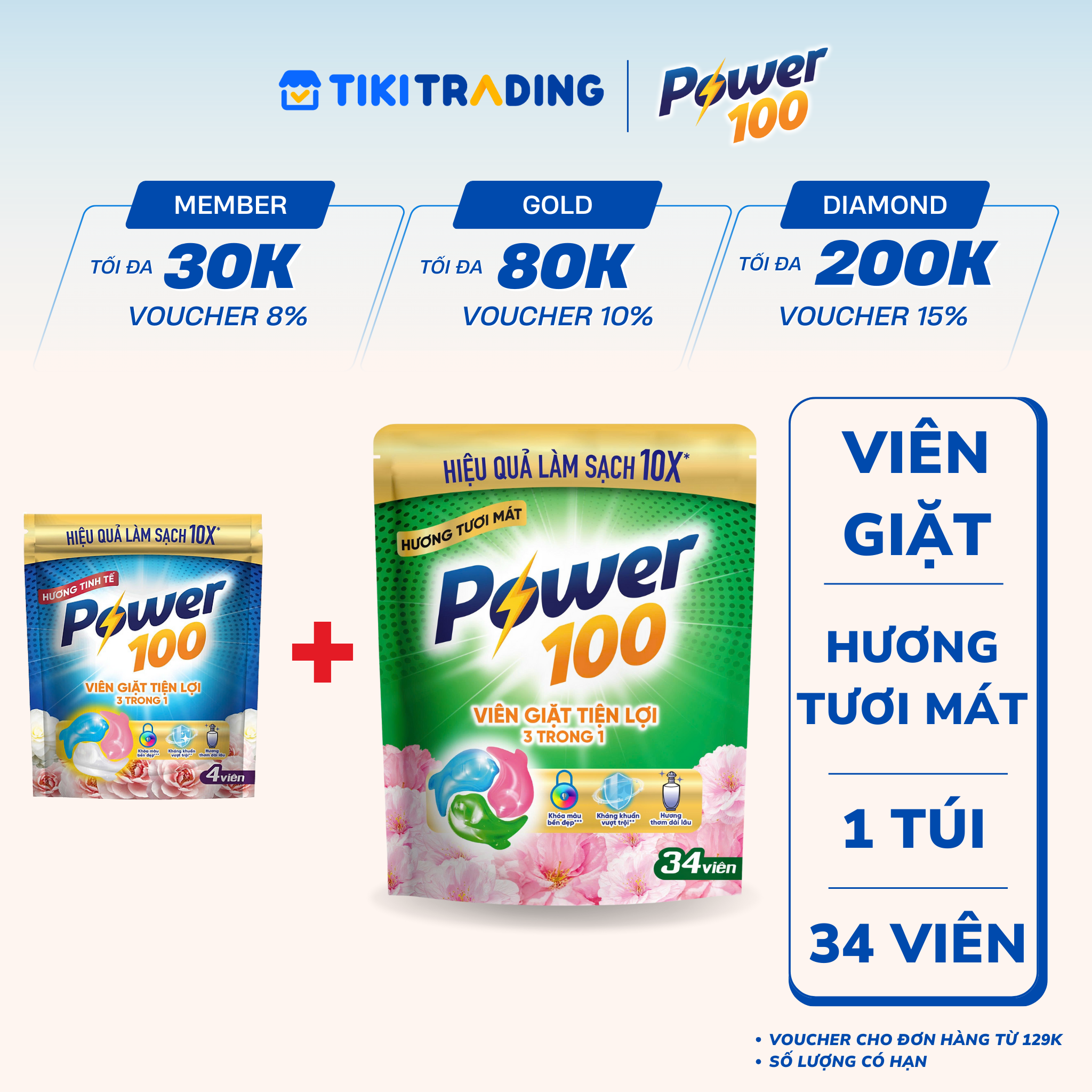 Viên Giặt Tiện Lợi Power100 3 Trong 1 Hương Tươi Mát Túi 34 Viên