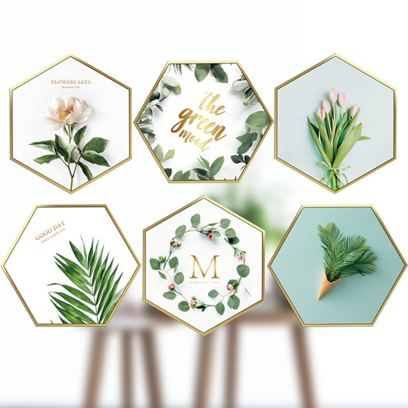 Decal Dán Tường Hoa Lá Trang Trí Phòng Ngủ, Phòng Khách - Lục Giác Trắng Xanh Lá NHAXINH01