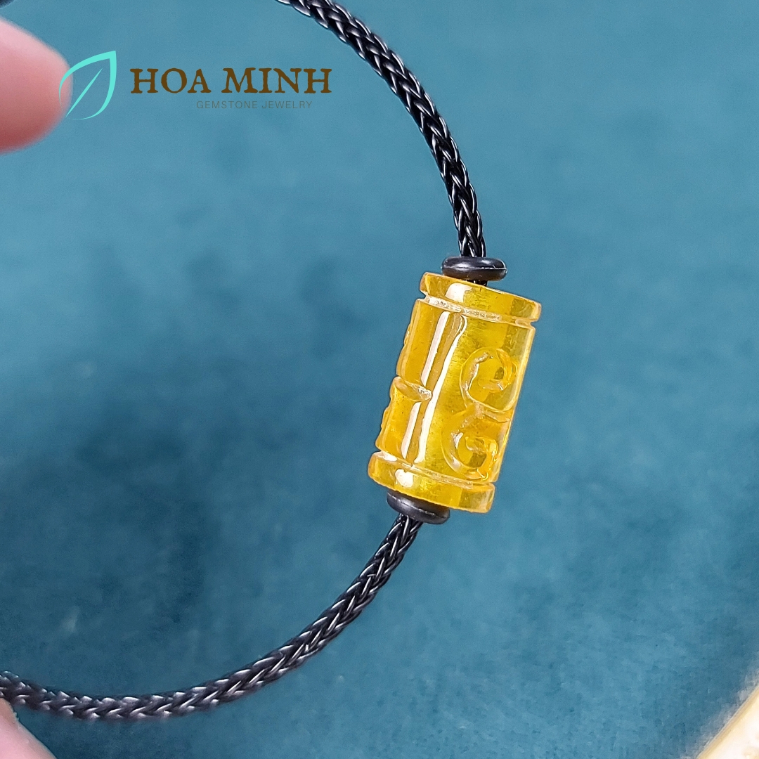 Vòng tay dây cáp phối lu thống Hổ Phách size 10x16.9 li chạm khắc vân mây may mắn