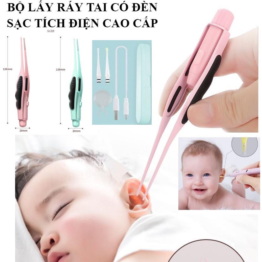 Bộ lấy ráy tai có đèn cao cấp sạc tích điện tiện lợi cho bé an toàn chuyên nghiệp kèm hộp đựng nhíp gắp
