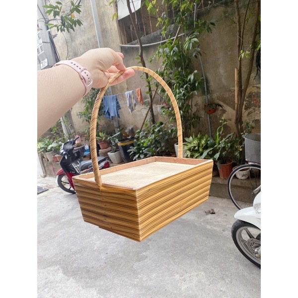 Giỏ đựng quà tết bằng gỗ đan sang trọng combo túi đựng hoa trang trí và nơ