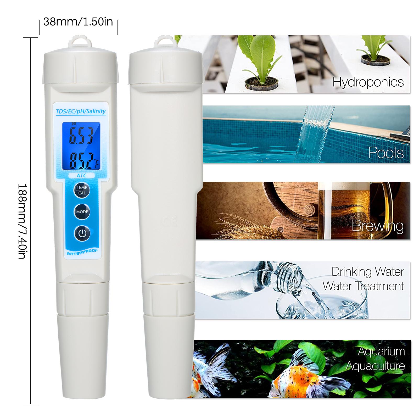 5-in-1 pH Meter Waterproof Multifunctional TDS/EC/pH/Salinity/Temperature Meter Water Quality Tester Blue Backlight LCD