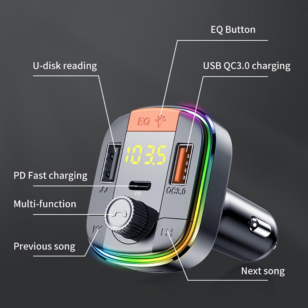 Tẩu sạc nhanh QC 3.0 hai cổng USB không dây với PD và máy nghe nhạc MP3 Bluetooth 5.0 cho xe hơi