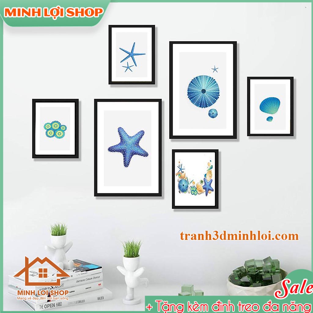 Tranh canvas tropical thiên nhiên 6 tấm hiện đại tươi mát ngôi sao xanh - TẶNG KÈM ĐINH TREO