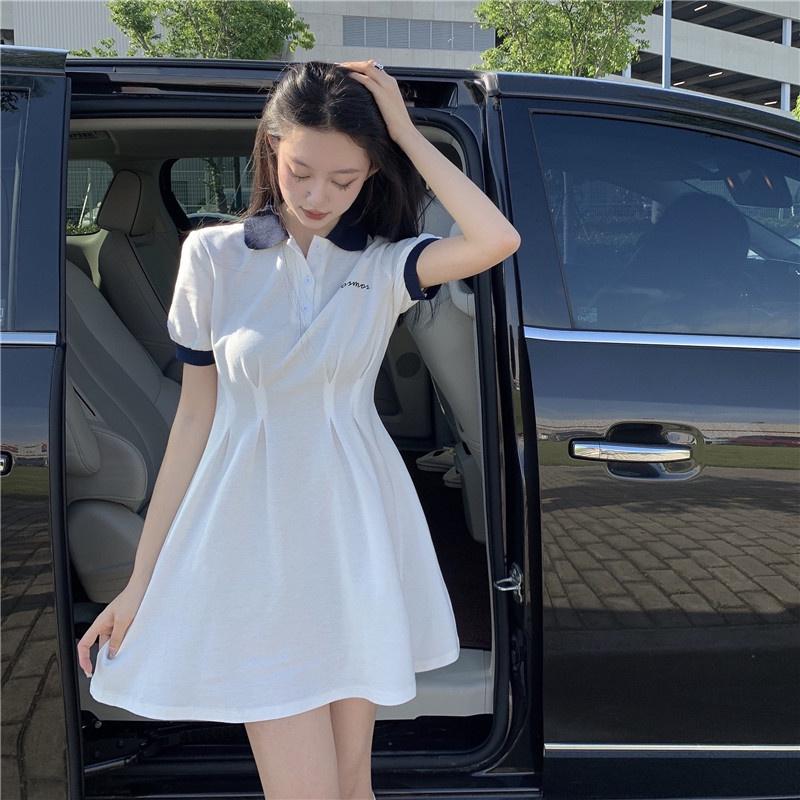 Đầm Polo Ôm Body Nữ Triết Eo Thêu Chữ, Váy Nữ Polo Dáng Xòe Cộc Tay Có Cổ Phối Ngắn