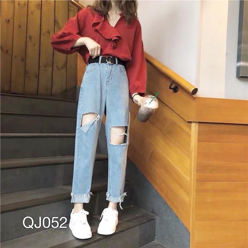 QJ052 - QUẦN JEAN BAGGY NỮ WASH RÁCH 2 GỐI