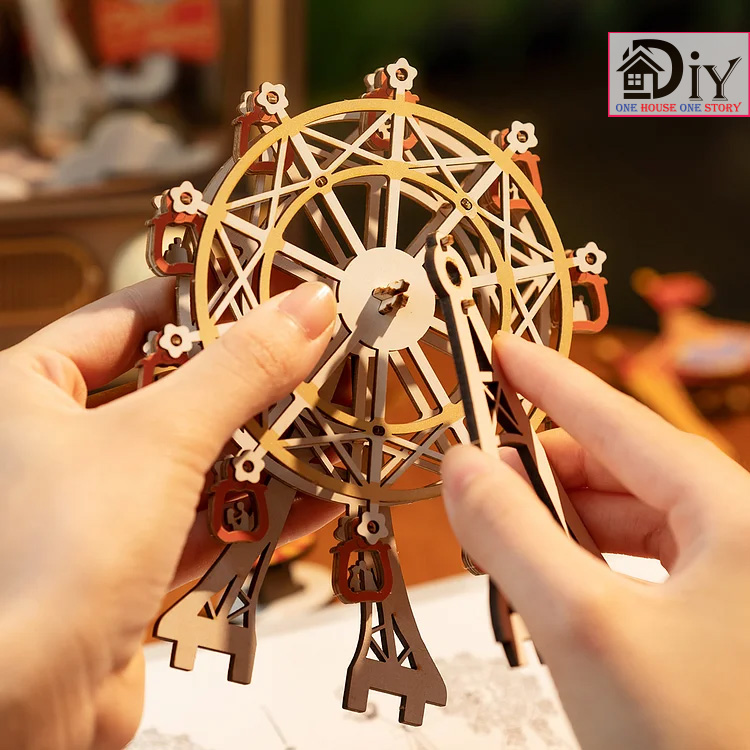Hộp nhạc Mô hình Tivi gỗ cơ động học DIY Robotime Rolife Sunset Carnival Music Box AMT01 tự lắp ráp Quà tặng giáng sinh trang trí sáng tạo