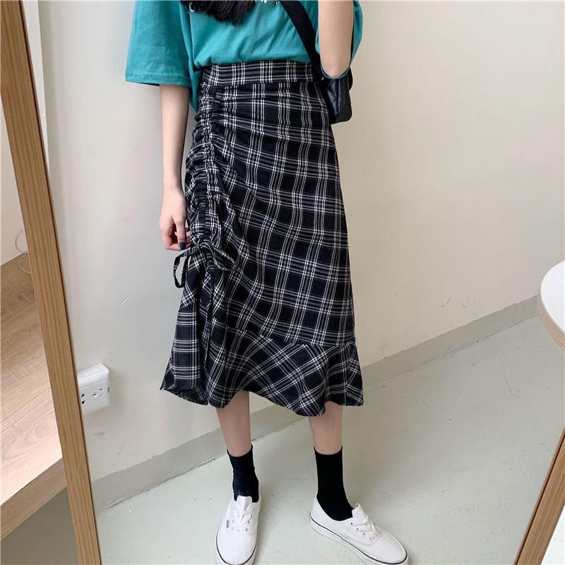 Women Summer Vintage High Waist Wild Plaid Print Skirt Casual Maxi Dress
