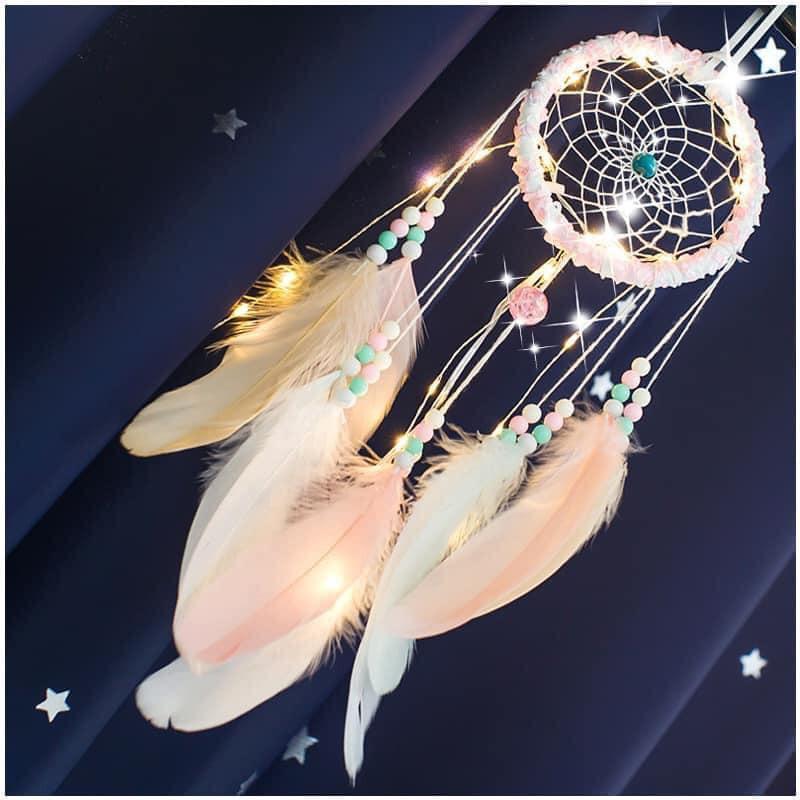 Dreamcatcher handmade phối ren hoa/lông vũ trang trí nhà cửa có đèn led