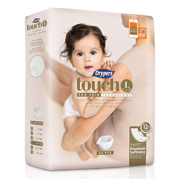 Tã dán trẻ em Drypers Touch L 54 miếng (9 - 14kg)