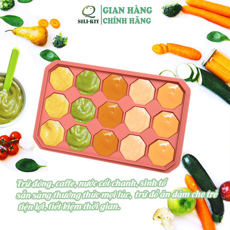 Khay làm đá silicone có nắp QSILIKIT 15 ngăn hình kim cương, hộp trữ đông thực phẩm an toàn