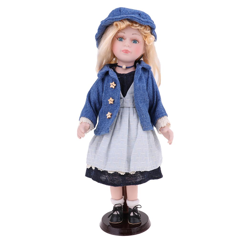 40cm Porcelain Curly Girl Doll People Figures with Blue Dress Hat Gifts