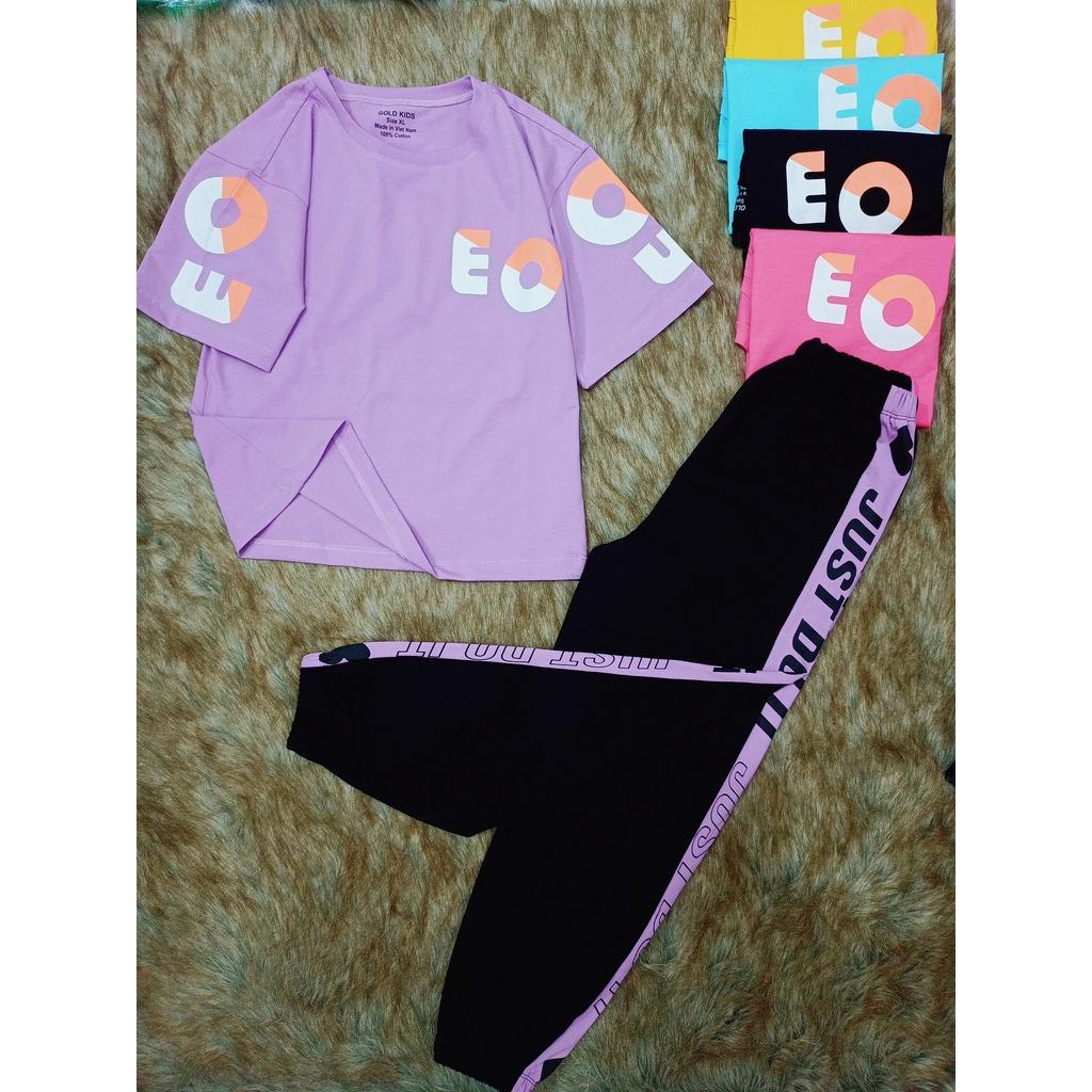 THUN COTTON 100% CHÍNH PHẨM Bộ quần áo bé gái size đại in logo chữ phong cách cho bé từ 25kg đến 60kg