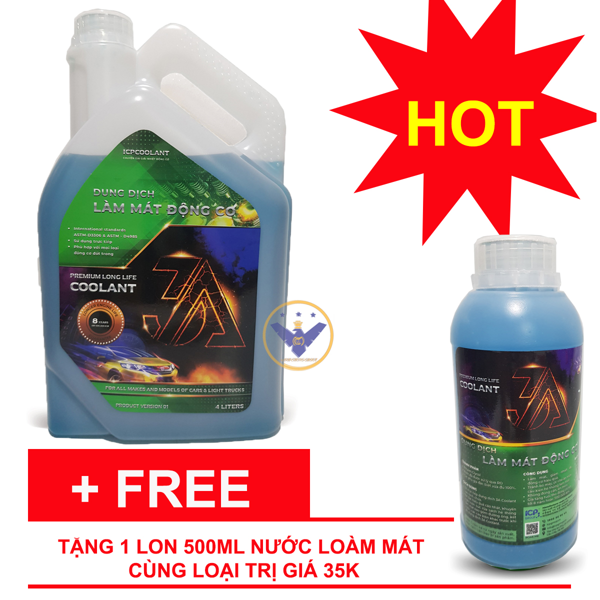 [QUÀ TẶNG] Nước làm mát xe ô tô màu xanh 3A Premium Longlife Coolant 4L tặng lon 500ml